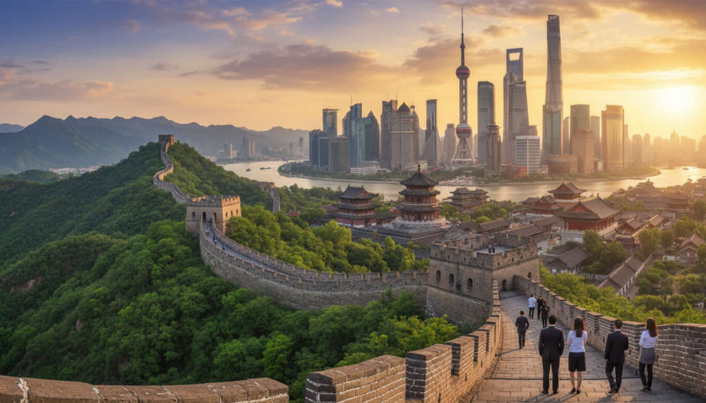 A panoramic view of China's historical and modern landscape, featuring the Great Wall gracefully winding through lush mountains in the foreground. In the mid-ground, juxtapose traditional architecture like ancient pagodas and modern skyscrapers of Shanghai, showcasing the contrast between China’s rich history and its rapid modernization. The background should display a vibrant sunset casting a golden hue over the scene, creating a warm, inviting atmosphere. Incorporate people in professional business attire exploring the sites, emphasizing a sense of appreciation for both heritage and progress. Use a wide-angle lens effect to capture the expansive vista, with soft lighting to highlight the colors and details, evoking a mood of reverence and ambition. A panoramic view of China's historical and modern landscape, featuring the Great Wall gracefully winding through lush mountains in the foreground. In the mid-ground, juxtapose traditional architecture like ancient pagodas and modern skyscrapers of Shanghai, showcasing the contrast between China’s rich history and its rapid modernization. The background should display a vibrant sunset casting a golden hue over the scene, creating a warm, inviting atmosphere. Incorporate people in professional business attire exploring the sites, emphasizing a sense of appreciation for both heritage and progress. Use a wide-angle lens effect to capture the expansive vista, with soft lighting to highlight the colors and details, evoking a mood of reverence and ambition.