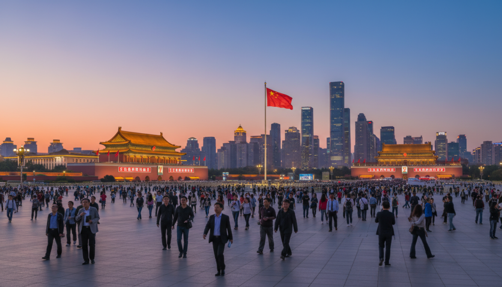 A panoramic view of Tiananmen Square at dusk, capturing the iconic Tiananmen Gate adorned with a striking portrait of Mao Zedong in the foreground. The middle ground features a diverse group of professionals and tourists in modest clothing, enjoying the historical atmosphere. In the background, the majestic Great Hall of the People and the vibrant, illuminated skyline of Beijing set against a rich, deepening blue sky. The mood is reflective and serene, conveying the significance of this political symbol. Soft golden lighting highlights the architectural details, while a wide-angle perspective enhances the grandeur of the square. The scene is free of any text or overlays, focusing solely on the beauty and history of Tiananmen Square.