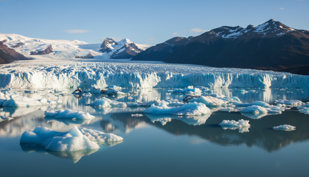 A stunning scene depicting the glaciers of Patagonia, showcasing vast, icy landscapes with towering blue ice formations contrasted against rocky mountains. In the foreground, a serene turquoise lake reflects the brilliant sunlight, capturing the deep hues of the glaciers above. In the middle ground, dramatic icebergs float gently, adding layers of texture and detail. The background features snow-capped peaks under a clear blue sky, enhancing the sense of grandeur and wilderness typical of Patagonia. The lighting is bright and warm, creating a vibrant atmosphere, highlighting the crispness of the air. The overall mood is tranquil yet awe-inspiring, inviting viewers to appreciate the natural beauty and significance of these remarkable glaciers.