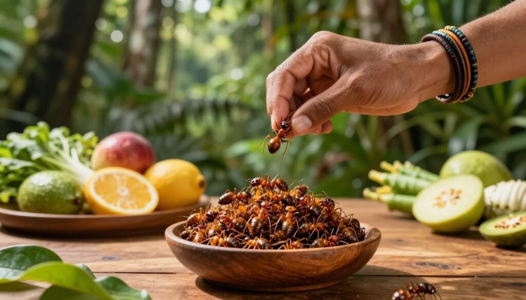 A vibrant and detailed image illustrating the nutritional benefits of Amazonian ants, specifically giant fried ants, on a wooden table. In the foreground, display a small, rustic bowl filled with fried ants, showcasing their crunchy texture. Surround the bowl with fresh tropical fruits and green leafy vegetables, emphasizing a colorful and healthy meal. In the middle ground, a pair of hands, adorned with bracelets, gracefully pick up an ant, symbolizing traditional eating practices. In the background, a lush Amazon rainforest setting with dappled sunlight filtering through leaves creates a calm, natural atmosphere. Use soft, warm lighting to evoke a sense of health and vitality, with a focus on freshness and the natural environment. The angle should be slightly elevated to capture the beauty of the setting and the culinary subject.