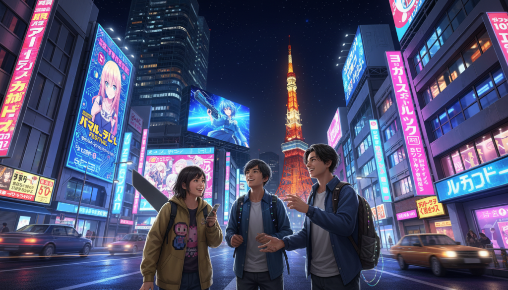 A vibrant scene capturing iconic Tokyo attractions for the 2026 events, showcasing a bustling street filled with colorful anime and technology-themed posters on storefronts. In the foreground, a group of casually dressed young adults excitedly discussing an upcoming anime festival, their expressions filled with joy and anticipation. The middle ground features famous landmarks like the Tokyo Tower and a giant digital screen displaying an animated character, illuminated by neon lights. The background shows a clear night sky with stars shining brightly, creating a lively, electric atmosphere. The image is shot from a low angle to emphasize the towering buildings and dynamic street life, with a focus on vivid colors and engaging details.