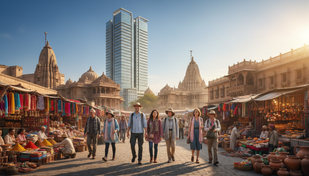 A vibrant scene showcasing the juxtaposition of tourism and modernity in India. In the foreground, a diverse group of tourists in modest casual clothing are exploring a bustling marketplace filled with colorful stalls selling spices, textiles, and handicrafts. The middle ground features a modern architectural marvel, like a glass skyscraper, blending seamlessly with historic landmarks such as a grand temple or palace, highlighting India's rich heritage. In the background, a clear blue sky enhances the lively atmosphere, while soft, warm sunlight casts gentle shadows, adding depth. Capture this dynamic moment with a wide-angle lens to emphasize the contrast between tradition and contemporary life, conveying a sense of discovery and excitement.