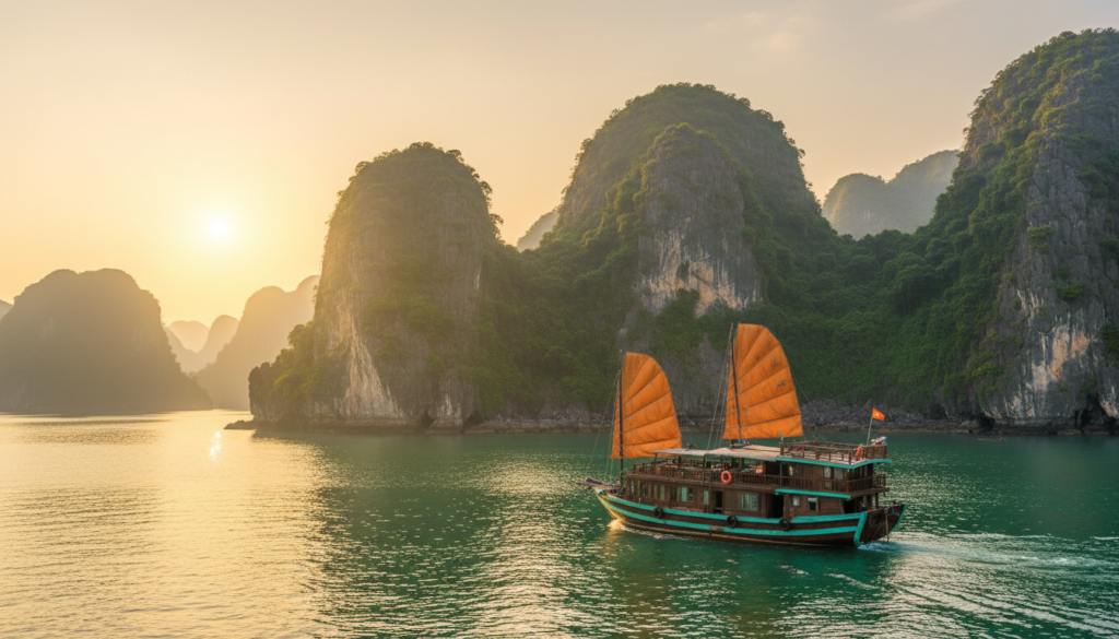Lush Halong Bay featuring its iconic karst formations, with emerald green waters reflecting the unique limestone cliffs. In the foreground, a traditional Vietnamese junk boat sails gracefully, adorned with vibrant sails, creating a warm sense of adventure. The middle ground showcases a cluster of jagged, lush islands rising majestically from the sea, each with dense tropical greenery and intricate textures. The background reveals a soft haze, enhancing the mystical atmosphere with looming mountains in the distance. Capture the scene during golden hour, with warm sunlight casting gentle reflections on the water, and framing the cliffs to convey serenity and exploration. The overall mood is enchanting and tranquil, inviting viewers to experience a piece of Vietnam’s natural beauty.