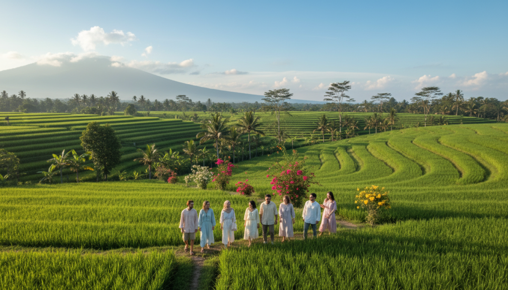 Lush green rice terraces in Bali, stretching into the distance under a bright blue sky, dotted with fluffy white clouds. In the foreground, a group of friends dressed in modest casual clothing explore the vibrant landscape, laughing and enjoying the natural beauty. The middle ground features local Balinese trees and vibrant tropical flowers, casting playful shadows on the ground. In the background, a misty mountain range fades into the horizon, hinting at adventure. The scene is illuminated by warm, golden sunlight, creating a serene and inviting atmosphere. The overall mood is joyful and peaceful, reflecting the harmony of outdoor adventures in the breathtaking Balinese countryside, with an emphasis on natural beauty and tranquility.