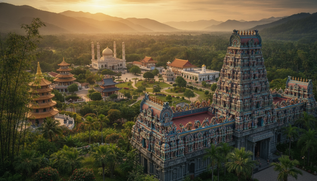 A breathtaking scene of Malaysian temples and spiritual centers showcasing diverse architectural styles. In the foreground, a vibrant Hindu temple adorned with intricate carvings and colorful decorations, surrounded by lush greenery. To the left, a serene Buddhist pagoda peeks through bamboo trees, its golden stupa glimmering softly. In the middle ground, a sprawling valley reveals a mix of different places of worship, including a mosque with a grand dome. The background features misty mountains that add depth to the scene, partially obscured by a soft, golden sunset that casts a warm glow. The atmosphere is tranquil and spiritual, inviting reflection and peace. The image captures rich colors and textures, emphasizing the harmony between nature and spirituality. Use a wide-angle lens for a broader perspective, ensuring vibrant lighting that highlights the details of each temple and the surrounding foliage.