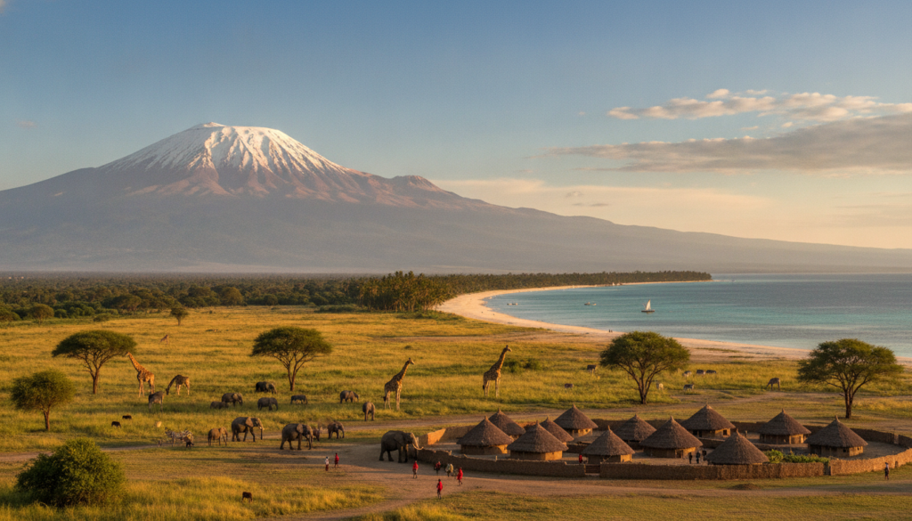 A breathtaking view of Tanzania showcasing its must-visit destinations. In the foreground, a vibrant landscape features the iconic Mount Kilimanjaro, its snow-capped peak glowing in the early morning light. In the middle ground, a lush savannah teems with wildlife, including elephants and giraffes, under a bright blue sky dotted with fluffy clouds. Nearby, a traditional village with mud huts is visible, reflecting the rich culture of the region. The background transitions to the stunning beaches of Zanzibar, with soft white sand and turquoise waters gently lapping the shore, framed by swaying palm trees. The overall mood is serene and adventurous, capturing the essence of exploration and beauty in Tanzania, illuminated with warm, soft lighting to enhance the inviting atmosphere.