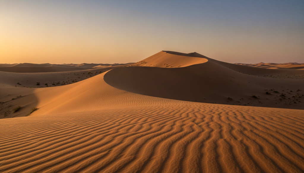 A breathtaking view of the Sahara Desert, showcasing the extreme beauty of its vast, golden sand dunes. In the foreground, fine grains of sand ripple gently under the soft morning light, creating patterns that catch the eye. The middle ground features a series of majestic dunes, their peaks illuminated by the sun, casting long shadows that enhance the sense of depth. In the background, a clear blue sky fades into a warm gradient as the sun rises, evoking a serene atmosphere. The entire scene is bathed in golden hour light, creating a tranquil yet powerful mood. The overall composition should emphasize the scale of the desert, capturing its natural beauty and extreme landscape.