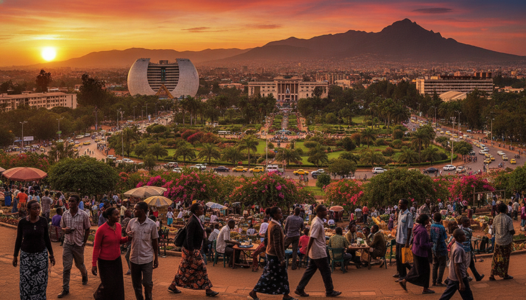 A panoramic view of Addis Ababa, Ethiopia, capturing the bustling city life filled with vibrant markets and modern architecture. In the foreground, depict people dressed in modest, casual clothing engaging in daily activities, showcasing a diverse community. In the middle ground, include iconic landmarks such as the towering African Union building and the National Museum, surrounded by lush green parks and colorful flowers. The background should feature a stunning sunset casting warm golden light over the city, with the majestic Entoto Mountains in the distance. Use a wide-angle lens perspective to create depth, emphasizing the lively atmosphere and rich culture of Ethiopia. Aim for a warm and inviting mood, highlighting the vibrancy and warmth of Addis Ababa.