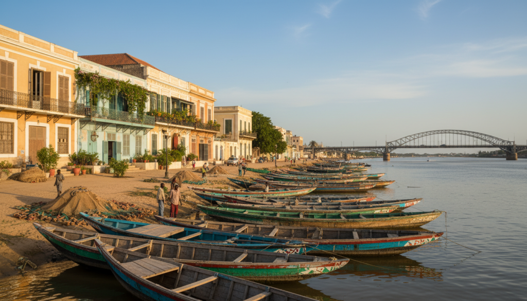 A scenic view of Saint-Louis, Senegal, capturing the historical essence and cultural legacy of the region. In the foreground, traditional wooden fishing boats rest gently on the calm waters of the river, while local fishermen dressed in modest casual clothing prepare their nets. The middle layer features the beautifully preserved colonial architecture, showcasing vibrant colors and intricate details, with balconies adorned by potted plants. In the background, the iconic Pont Faidherbe bridges the realms of history and modern life, framed by a clear blue sky and soft sunlight that creates a warm, inviting atmosphere. The scene embodies a sense of nostalgia and cultural richness, emphasizing the legacy of Saint-Louis as a hub of West African heritage. A scenic view of Saint-Louis, Senegal, capturing the historical essence and cultural legacy of the region. In the foreground, traditional wooden fishing boats rest gently on the calm waters of the river, while local fishermen dressed in modest casual clothing prepare their nets. The middle layer features the beautifully preserved colonial architecture, showcasing vibrant colors and intricate details, with balconies adorned by potted plants. In the background, the iconic Pont Faidherbe bridges the realms of history and modern life, framed by a clear blue sky and soft sunlight that creates a warm, inviting atmosphere. The scene embodies a sense of nostalgia and cultural richness, emphasizing the legacy of Saint-Louis as a hub of West African heritage.
