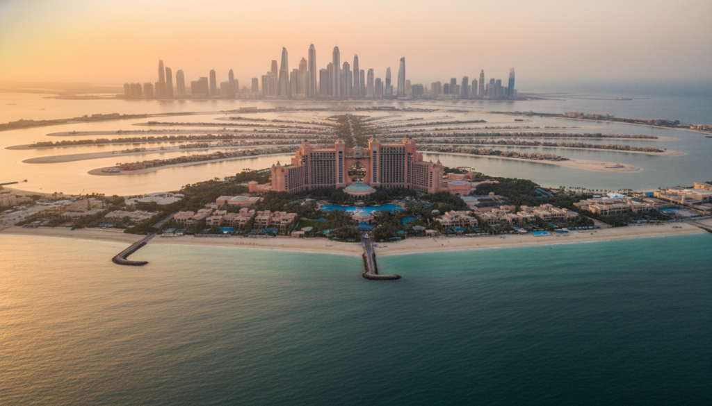 A stunning aerial view of Palm Jumeirah, showcasing its unique palm tree shape and the luxurious resorts and villas lining its crescent. In the foreground, the vibrant blue waters of the Arabian Gulf gently lap against the shores of the island, reflecting the golden hues of the sunset. The middle ground features the intricate architecture of the Atlantis Hotel, surrounded by lush greenery and private beaches. Towering skyscrapers of Dubai can be seen in the background, creating a striking contrast with the sandy hues of the artificial island. The lighting is warm and inviting, with soft highlights capturing the elegance of this engineering marvel. The overall atmosphere conveys luxury, innovation, and tranquility, perfectly embodying the essence of Palm Jumeirah.
