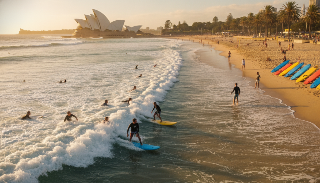 A stunning beach scene in Sydney, showcasing vibrant turquoise waves crashing against golden sands. In the foreground, a group of surfers in modest casual clothing skillfully ride the waves, their excitement radiating through the air. The middle ground features colorful surfboards lined along the shore, with beachgoers enjoying a sunny day. In the background, the iconic Sydney Opera House peeks above the skyline, framed by lush palm trees. The sun casts a warm, golden light, creating a vibrant atmosphere of summer fun and adventure. The angle captures both the surfers in action and the breathtaking landscape, emphasizing the lively and relaxed Aussie beach lifestyle.