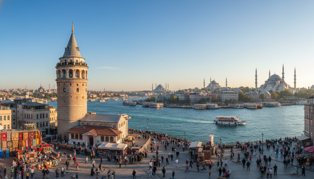 A stunning panoramic view of Istanbul, showcasing the unique blend of European and Asian architecture. In the foreground, include the iconic Galata Tower, elegantly rising amidst bustling streets filled with people dressed in modest casual clothing, exploring the vibrant markets. In the middle ground, feature the Bosphorus Strait with traditional wooden boats navigating the water, reflecting the rich history of trade between continents. The background should highlight the silhouette of the majestic Hagia Sophia and the Blue Mosque, with their domes and minarets piercing the skyline under a clear blue sky. Soft, warm sunlight bathes the scene, creating a lively, inviting atmosphere that embodies the essence of a transcontinental city where East meets West.