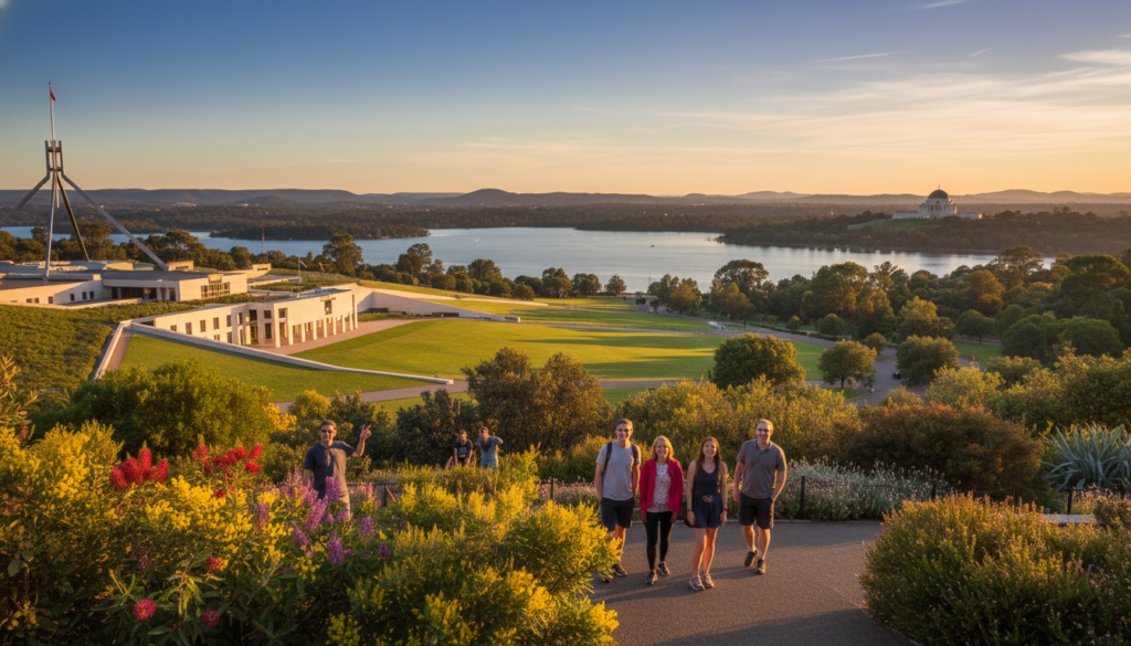 A stunning view of the Australian Capital Territory, showcasing the iconic Parliament House in the foreground, surrounded by lush greenery and vibrant native flora. In the middle ground, display the picturesque Lake Burley Griffin, reflecting the clear blue sky and distant hills. The background should feature the Australian War Memorial and the rolling Australian landscape under a warm, golden sunset, creating a serene atmosphere. Include a few tourists in the foreground, casually exploring the area in modest casual clothing, with expressions of wonder and excitement. Opt for a wide-angle perspective to capture the expansiveness of the region, with soft, natural lighting that emphasizes the beauty of the environment and the tranquil mood of discovery.