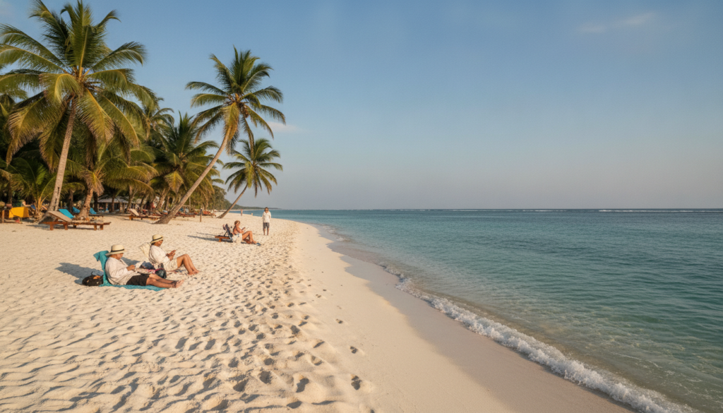A stunning view of the Indian Ocean beaches in Kenya, capturing the essence of its natural beauty. In the foreground, gentle waves lap against soft, white sandy shores dotted with lush green palm trees. The middle ground features a tranquil beach with sunbathers in modest casual clothing, enjoying the serene atmosphere. In the background, the vast expanse of the turquoise ocean stretches to meet the horizon under a clear, blue sky. The sunlight casts a warm, golden hue, enhancing the peaceful and inviting mood of the scene. The composition is shot from a low angle, emphasizing the vibrant colors of the landscape and the crystal-clear water, creating an idyllic beach paradise.