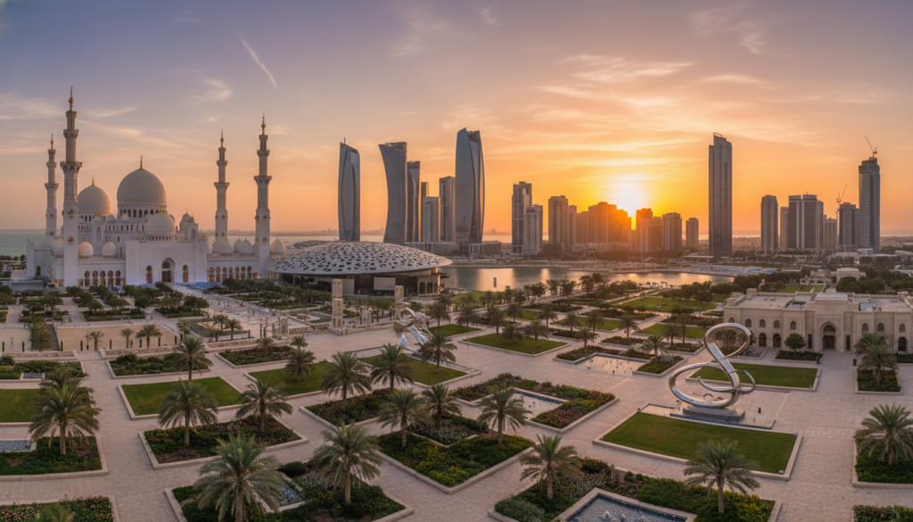 A stunning view of urban architecture in Abu Dhabi, showcasing iconic landmarks like the elegant Sheikh Zayed Grand Mosque and the modern Louvre Abu Dhabi, nestled among innovative skyscrapers. In the foreground, lush greenery and artistic public spaces invite visitors to explore, while the middle ground features a blend of traditional and contemporary structures, harmonizing with the city's skyline. The background reveals a vibrant sunset casting golden hues over the cityscape, enhancing the interplay of light and shadow. Shot with a wide-angle lens to capture the grandeur of the scene, the atmosphere exudes a sense of modernity and cultural richness, reflecting the essence of urban design in this remarkable city. No people present in the scene.