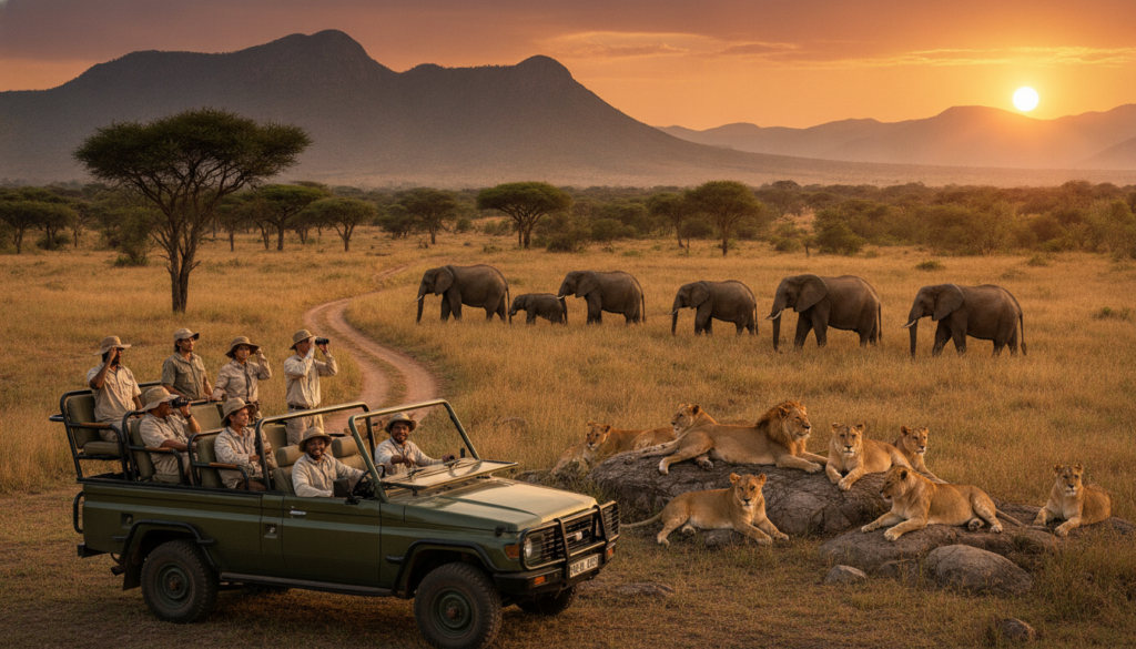 A thrilling safari scene in Kruger National Park, capturing a panoramic view of a vibrant African landscape. In the foreground, an open safari jeep with travelers in modest casual clothing, binoculars raised, gazing in awe at a pride of lions lounging nearby. The middle ground features acacia trees and tall, golden grass, creating a natural habitat as a herd of elephants gracefully ambles through. In the background, a dramatic sunset casts warm hues of orange and purple over the savanna, with distant mountains silhouetted against the sky. The lighting is soft and golden, evoking a sense of adventure and tranquility in this wild oasis. Capture the serene yet exhilarating mood of a safari experience.