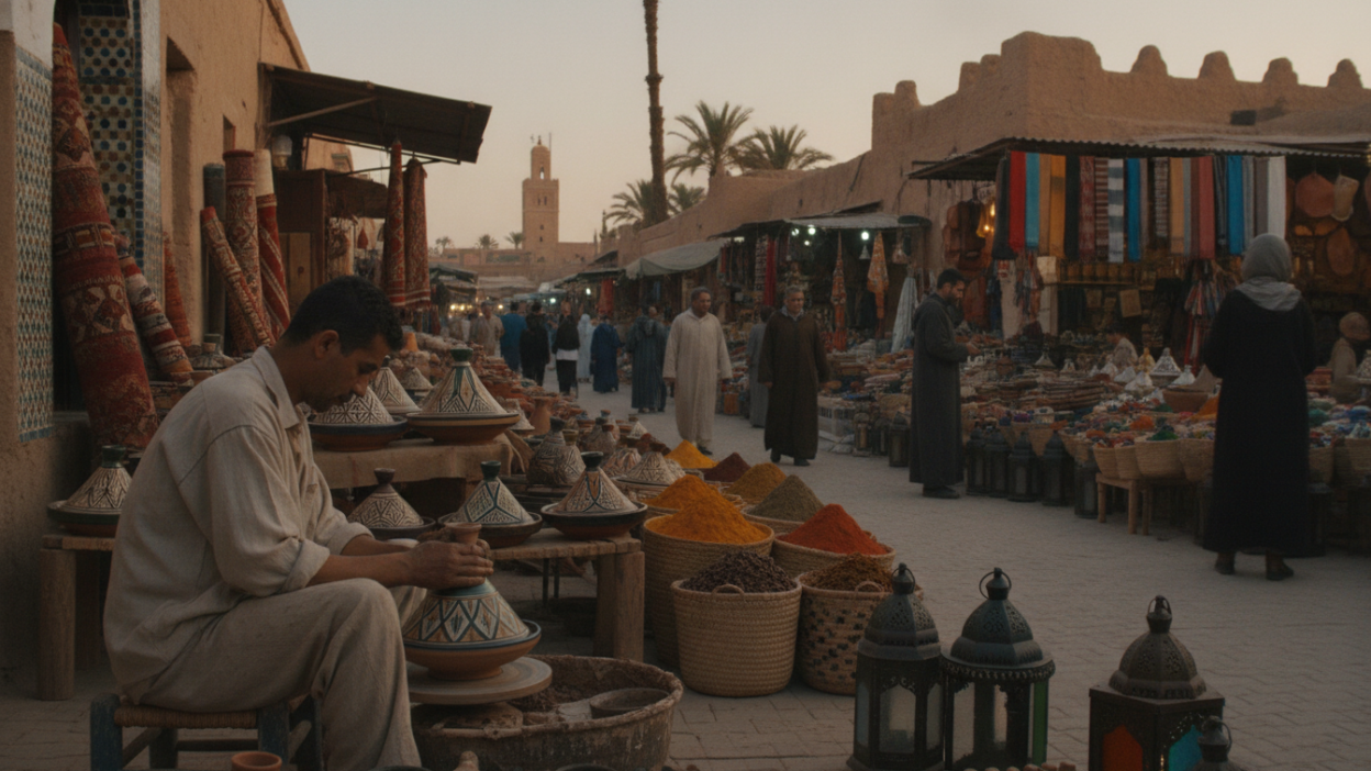 A vibrant Moroccan market scene filled with the rich colors of local art and culture. In the foreground, a skilled artisan, dressed in modest casual clothing, works on intricate pottery, showcasing traditional geometric patterns. The middle ground features stalls bursting with brightly colored textiles, spices, and handcrafted items, while local shoppers engage in lively conversation. The background reveals the stunning architecture of an ancient Moroccan medina, with its warm earth tones and intricate tile work. Soft, warm lighting enhances the atmosphere, creating a welcoming and inviting mood, reminiscent of a tranquil Moroccan evening. The scene captures the essence of local culture, with a focus on craftsmanship and community spirit, conveying the beauty of Morocco's artistic heritage.