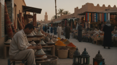 A vibrant Moroccan market scene filled with the rich colors of local art and culture. In the foreground, a skilled artisan, dressed in modest casual clothing, works on intricate pottery, showcasing traditional geometric patterns. The middle ground features stalls bursting with brightly colored textiles, spices, and handcrafted items, while local shoppers engage in lively conversation. The background reveals the stunning architecture of an ancient Moroccan medina, with its warm earth tones and intricate tile work. Soft, warm lighting enhances the atmosphere, creating a welcoming and inviting mood, reminiscent of a tranquil Moroccan evening. The scene captures the essence of local culture, with a focus on craftsmanship and community spirit, conveying the beauty of Morocco's artistic heritage.