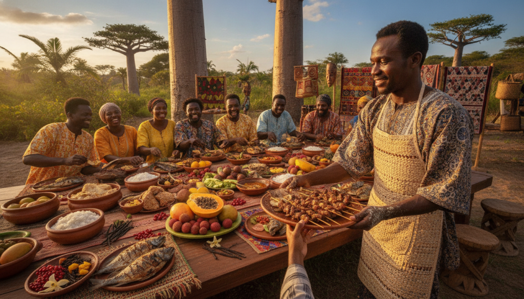 A vibrant culinary scene in Madagascar, showcasing a beautifully arranged table filled with traditional dishes like zebu skewers, rice, and fresh seafood, adorned with tropical fruits and local spices. In the foreground, a smiling local chef in modest casual attire serves food, evoking a warm and inviting atmosphere. In the middle, guests enjoy a communal meal, surrounded by colorful textiles and intricate handicrafts that represent Malagasy culture. Lush green foliage and towering baobab trees frame the background under a clear blue sky, highlighting the island's natural beauty. The lighting is warm and inviting, emphasizing the rich colors of the food and the joyous expressions of the people, captured from a slightly elevated angle to encompass the vibrant atmosphere. A vibrant culinary scene in Madagascar, showcasing a beautifully arranged table filled with traditional dishes like zebu skewers, rice, and fresh seafood, adorned with tropical fruits and local spices. In the foreground, a smiling local chef in modest casual attire serves food, evoking a warm and inviting atmosphere. In the middle, guests enjoy a communal meal, surrounded by colorful textiles and intricate handicrafts that represent Malagasy culture. Lush green foliage and towering baobab trees frame the background under a clear blue sky, highlighting the island's natural beauty. The lighting is warm and inviting, emphasizing the rich colors of the food and the joyous expressions of the people, captured from a slightly elevated angle to encompass the vibrant atmosphere.