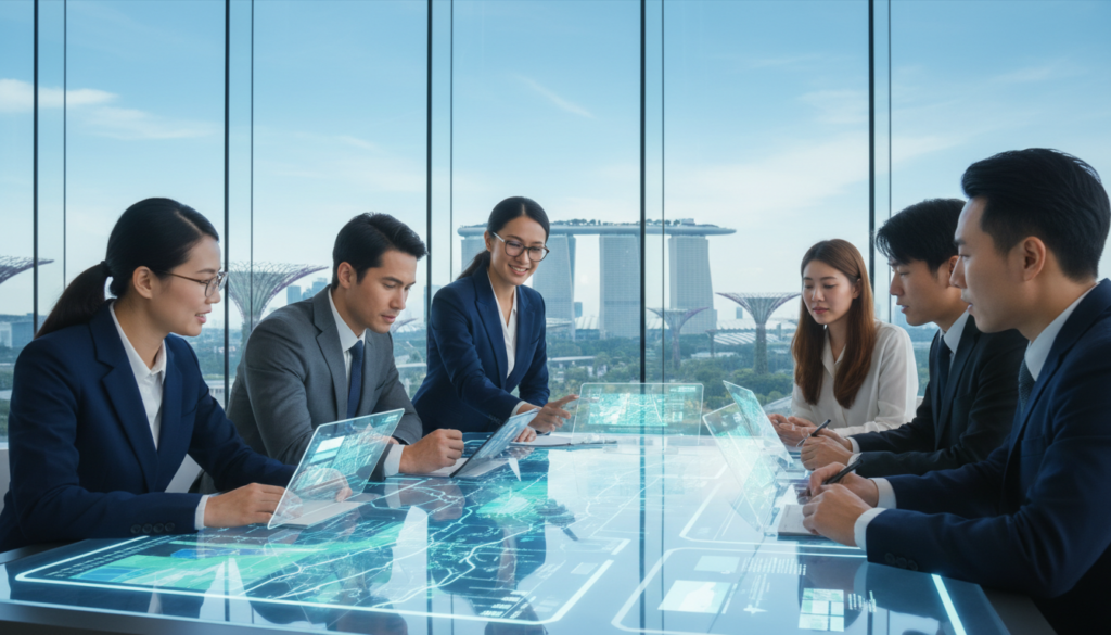 A vibrant scene depicting tourists planning their visit in Singapore, showcasing a diverse group of people in professional business attire gathered around a futuristic table with holographic maps and digital guides. In the foreground, a woman points to a specific landmark on the map, while a man takes notes. The middle ground features iconic Singapore landmarks like the Marina Bay Sands and Gardens by the Bay, visible through large glass windows, reflecting the modern city skyline. In the background, a bright blue sky with wispy clouds creates a hopeful atmosphere. The lighting is bright and inviting, simulating daylight, while the focus is sharp on the characters, creating a sense of engagement and excitement. The overall mood is optimistic and inspiring, emphasizing planning and anticipation for an extraordinary visit. A vibrant scene depicting tourists planning their visit in Singapore, showcasing a diverse group of people in professional business attire gathered around a futuristic table with holographic maps and digital guides. In the foreground, a woman points to a specific landmark on the map, while a man takes notes. The middle ground features iconic Singapore landmarks like the Marina Bay Sands and Gardens by the Bay, visible through large glass windows, reflecting the modern city skyline. In the background, a bright blue sky with wispy clouds creates a hopeful atmosphere. The lighting is bright and inviting, simulating daylight, while the focus is sharp on the characters, creating a sense of engagement and excitement. The overall mood is optimistic and inspiring, emphasizing planning and anticipation for an extraordinary visit.