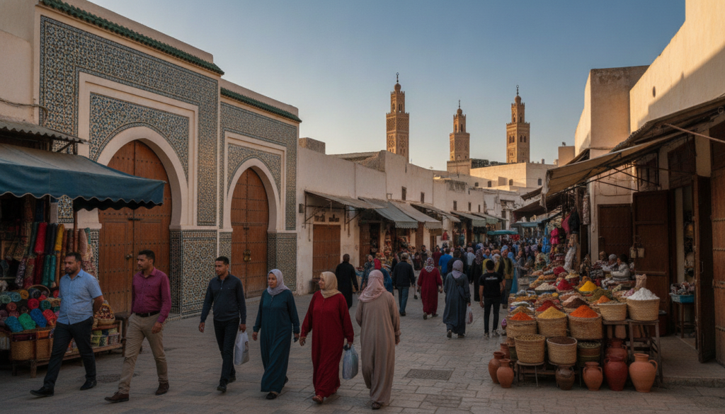 A vibrant scene of the Medina of Tunis, showcasing the rich architecture of the ancient city. In the foreground, include a bustling market with vendors selling colorful textiles, spices, and pottery, while individuals dressed in modest, professional attire leisurely navigate through the narrow, winding streets. The middle ground features stunning Islamic architecture with intricate tile work and arched doorways, creating a labyrinthine atmosphere. In the background, capture the majestic minarets rising against a clear blue sky, bathed in warm, golden sunlight, suggesting early afternoon. Use a wide-angle lens to enhance the depth of the scene, focusing on the lively engagement of people and the cultural richness surrounding them, evoking a sense of history and vibrancy.