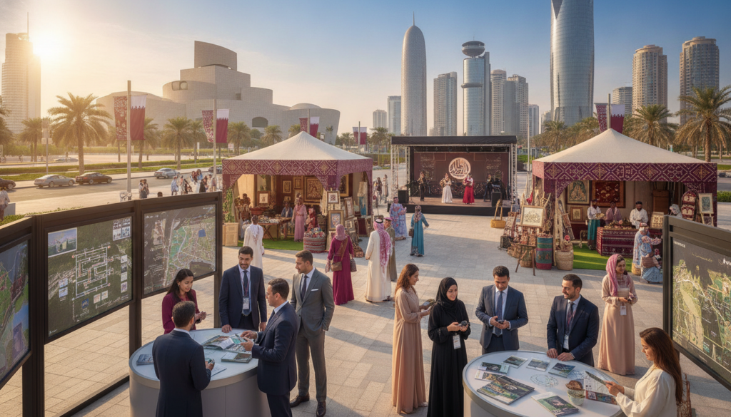 A vibrant scene showcasing various events and services for visitors in Qatar. In the foreground, a diverse group of tourists, dressed in professional business attire and modest casual clothing, engages with local guides, examining maps and brochures. The middle ground features stalls and setups displaying cultural activities, art exhibitions, and traditional crafts, decorated with the rich colors of Qatar’s heritage. In the background, modern architectural landmarks like the National Museum of Qatar and skyscrapers gleam under the bright Middle Eastern sun, creating a lively atmosphere. The overall mood is energetic and inviting, with clear blue skies and a warm glow, capturing the essence of Qatar’s hospitality and cultural richness. The scene should be captured from a slightly elevated angle, emphasizing the interaction between visitors and the services available.