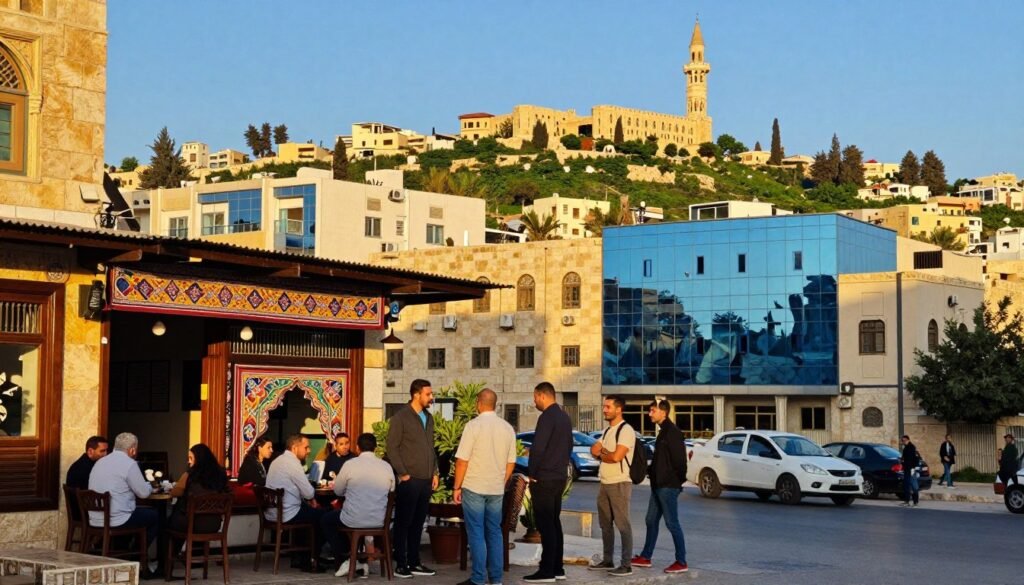 A vibrant street scene in Amman, showcasing the blend of culture and modernity. In the foreground, a small group of people dressed in modest casual attire are engaged in conversation outside a charming local café adorned with colorful Middle Eastern patterns. In the middle ground, traditional Jordanian architecture seamlessly intertwines with modern glass buildings reflecting the sunlight. The background features the iconic Citadel rising against a clear blue sky, surrounded by lush green hills. Warm golden hour lighting bathes the scene, creating a welcoming atmosphere. The composition is captured from a slightly elevated angle, emphasizing the dynamic energy of urban life while honoring the rich cultural heritage of Jordan, evoking a sense of discovery and exploration.