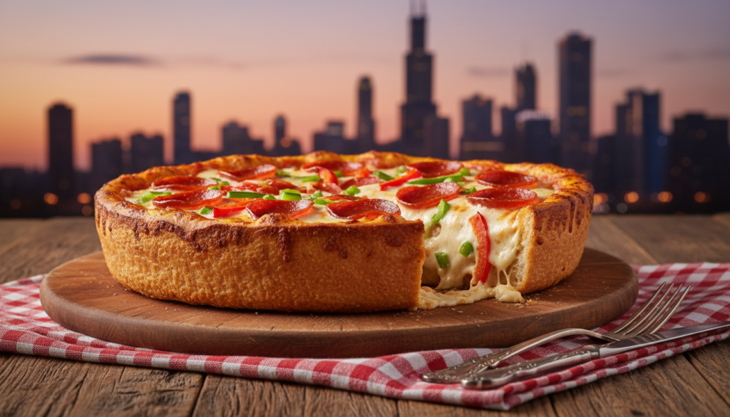 A beautifully crafted Chicago deep-dish pizza sits in the foreground, showcasing its rich golden-brown crust, melted cheese bubbling at the edges, and vibrant toppings of red pepper, green bell peppers, and pepperoni. The middle layer features a rustic wooden table, accented with a checkered tablecloth, giving a cozy, inviting atmosphere. In the background, iconic Chicago skyscrapers loom under a twilight sky, their silhouettes dark against the soft orange and purple hues of sunset. The scene is illuminated with warm, ambient lighting, highlighting the pizza and creating a mouthwatering, appetizing look. The angle captures the essence of dining in Chicago, with a focus on culinary tradition and unparalleled flavor, evoking a feeling of comfort and indulgence. A beautifully crafted Chicago deep-dish pizza sits in the foreground, showcasing its rich golden-brown crust, melted cheese bubbling at the edges, and vibrant toppings of red pepper, green bell peppers, and pepperoni. The middle layer features a rustic wooden table, accented with a checkered tablecloth, giving a cozy, inviting atmosphere. In the background, iconic Chicago skyscrapers loom under a twilight sky, their silhouettes dark against the soft orange and purple hues of sunset. The scene is illuminated with warm, ambient lighting, highlighting the pizza and creating a mouthwatering, appetizing look. The angle captures the essence of dining in Chicago, with a focus on culinary tradition and unparalleled flavor, evoking a feeling of comfort and indulgence.