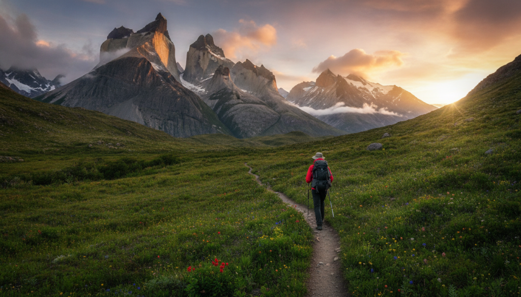 A breathtaking landscape of the rugged Patagonian terrain, featuring steep mountain ranges and expansive glaciers. In the foreground, a winding hiking trail meanders through vivid green valleys dotted with colorful wildflowers. A solitary hiker dressed in appropriate trekking attire navigates the trail, showcasing the challenge of the extreme trekking environment. In the middle ground, towering granite cliffs rise dramatically, partially shrouded in wisps of mist, reflecting the raw beauty of Patagonia. The background features snow-capped peaks under a dramatic sunset, casting warm golden hues across the landscape. The lighting is soft and atmospheric, evoking a sense of adventure and solitude. The composition captures the thrill and beauty of extreme trekking in an untouched wilderness. A breathtaking landscape of the rugged Patagonian terrain, featuring steep mountain ranges and expansive glaciers. In the foreground, a winding hiking trail meanders through vivid green valleys dotted with colorful wildflowers. A solitary hiker dressed in appropriate trekking attire navigates the trail, showcasing the challenge of the extreme trekking environment. In the middle ground, towering granite cliffs rise dramatically, partially shrouded in wisps of mist, reflecting the raw beauty of Patagonia. The background features snow-capped peaks under a dramatic sunset, casting warm golden hues across the landscape. The lighting is soft and atmospheric, evoking a sense of adventure and solitude. The composition captures the thrill and beauty of extreme trekking in an untouched wilderness.
