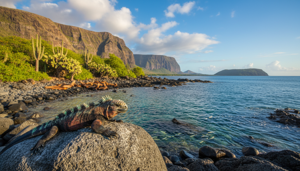 A breathtaking view of the Galápagos Islands, showcasing lush volcanic landscapes and unique wildlife. In the foreground, a vibrant colored marine iguana basking on a sunlit rock, surrounded by clear turquoise waters and scattered volcanic stones. In the middle ground, lush greenery with giant prickly pear cacti and endemic plant species, alongside playful sea lions lounging on the rocky shores. The background reveals dramatic cliffs under a bright blue sky with fluffy white clouds, while distant islands fade into the horizon. The scene is illuminated by warm sunlight, creating a tranquil, inviting atmosphere that highlights the natural beauty and biodiversity of this unique ecosystem. The angle should capture the vastness of the landscape, emphasizing the islands' remote paradise feel.
