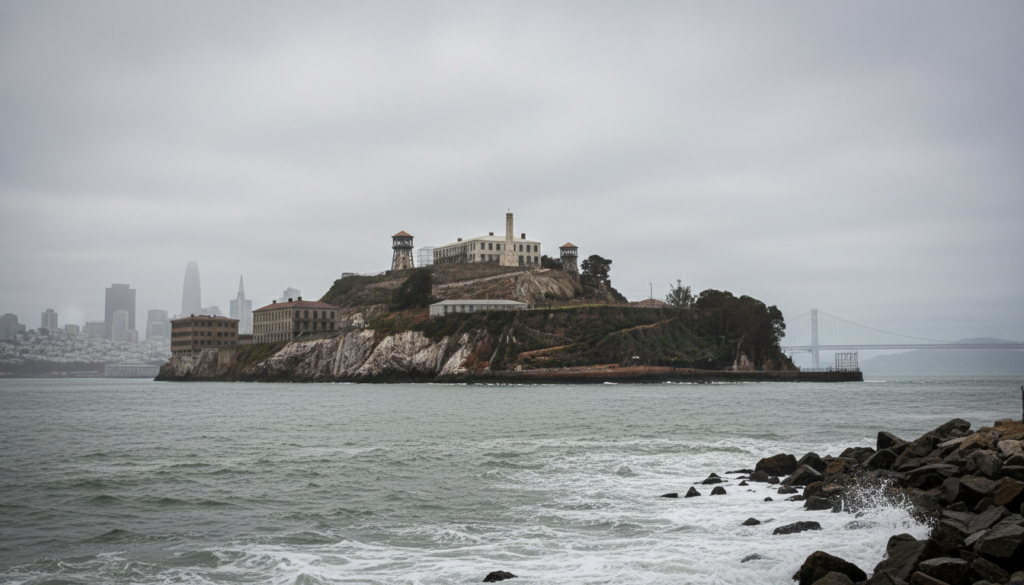 A captivating scene of Alcatraz Island, showcasing its historic prison buildings amidst a serene coastal backdrop. In the foreground, rocky shoreline with waves gently lapping against it. The middle ground features the iconic prison structure with its weathered walls and barred windows under a moody, overcast sky, casting dramatic shadows that evoke mystery. In the background, the San Francisco skyline is visible, partially shrouded in fog, adding depth to the scene. The image is composed with a low-angle shot, emphasizing the towering nature of Alcatraz while capturing the essence of its chilling history. Soft, diffused lighting enhances the atmosphere, creating a sense of intrigue and allure, perfect for a tourist attraction steeped in stories of escape and enigma. A captivating scene of Alcatraz Island, showcasing its historic prison buildings amidst a serene coastal backdrop. In the foreground, rocky shoreline with waves gently lapping against it. The middle ground features the iconic prison structure with its weathered walls and barred windows under a moody, overcast sky, casting dramatic shadows that evoke mystery. In the background, the San Francisco skyline is visible, partially shrouded in fog, adding depth to the scene. The image is composed with a low-angle shot, emphasizing the towering nature of Alcatraz while capturing the essence of its chilling history. Soft, diffused lighting enhances the atmosphere, creating a sense of intrigue and allure, perfect for a tourist attraction steeped in stories of escape and enigma.