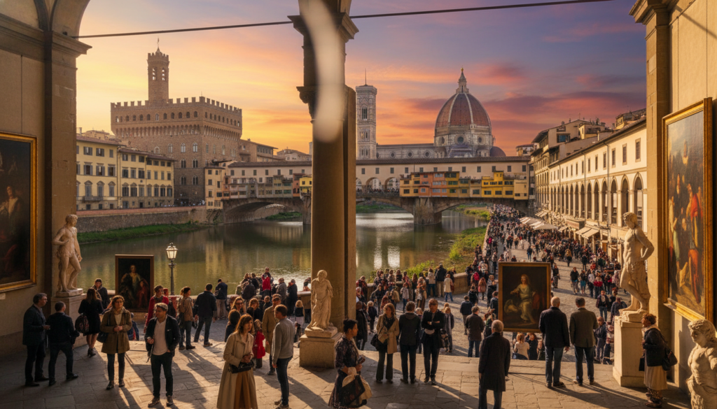 A captivating scene of Florence’s art scene featuring renowned museums and galleries. In the foreground, an elegant courtyard of the Uffizi Gallery filled with visitors admiring classic sculptures and artworks. In the middle ground, iconic landmarks like the Palazzo Vecchio and the Ponte Vecchio, bustling with people dressed in smart casual attire, soaking in the rich history. The background reveals the stunning silhouette of the Duomo, illuminated by the warm glow of the setting sun, casting soft shadows on the cobblestone streets. Use vibrant colors to evoke a lively, inspiring atmosphere, emphasizing the Renaissance essence of the city. Capture this scene from a slightly elevated angle to include both the detailed architecture and the engaged crowd, creating a sense of depth and connection to the artistic heritage of Florence. A captivating scene of Florence’s art scene featuring renowned museums and galleries. In the foreground, an elegant courtyard of the Uffizi Gallery filled with visitors admiring classic sculptures and artworks. In the middle ground, iconic landmarks like the Palazzo Vecchio and the Ponte Vecchio, bustling with people dressed in smart casual attire, soaking in the rich history. The background reveals the stunning silhouette of the Duomo, illuminated by the warm glow of the setting sun, casting soft shadows on the cobblestone streets. Use vibrant colors to evoke a lively, inspiring atmosphere, emphasizing the Renaissance essence of the city. Capture this scene from a slightly elevated angle to include both the detailed architecture and the engaged crowd, creating a sense of depth and connection to the artistic heritage of Florence.