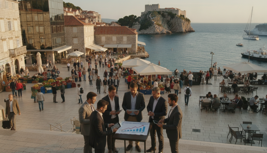 A dynamic scene depicting the economy and development in Croatia, showcasing a vibrant coastal city by the Adriatic Sea. In the foreground, a diverse group of professionals in business attire engages in discussion, holding tablets and charts, symbolizing collaboration and innovation. The middle ground features modern architecture and bustling markets, with people enjoying outdoor cafes. In the background, the serene blue sea meets a historic castle perched on a cliff, representing the blend of tradition and progress. The image is bathed in warm, golden hour lighting, creating a welcoming atmosphere. The angle is slightly elevated, providing a comprehensive view of the cityscape and coastline, emphasizing the theme of growth and opportunity in Croatia.