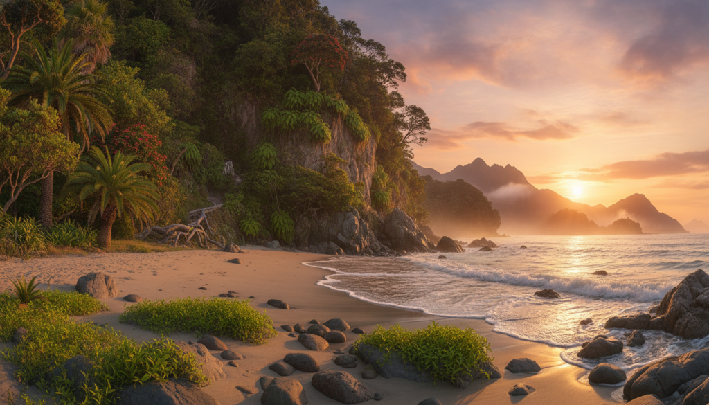 A lush, serene coastline reminiscent of Abel Tasman's National Park in New Zealand, bathed in the golden hues of sunset. In the foreground, a sandy beach with gentle waves lapping at the shore, dotted with smooth stones and vibrant green foliage. In the middle ground, a rugged cliff rises, cascading with native New Zealand plants and trees, showcasing a hidden treasure trove of secrets waiting to be discovered. The background features distant mountains shrouded in mist, creating a mystical atmosphere. Soft, warm lighting enhances the tranquil mood, evoking a sense of adventure and exploration. The perspective is slightly low to capture the vastness of the scenery, reminiscent of cinematic landscapes from "The Lord of the Rings," without any text or distractions. A lush, serene coastline reminiscent of Abel Tasman's National Park in New Zealand, bathed in the golden hues of sunset. In the foreground, a sandy beach with gentle waves lapping at the shore, dotted with smooth stones and vibrant green foliage. In the middle ground, a rugged cliff rises, cascading with native New Zealand plants and trees, showcasing a hidden treasure trove of secrets waiting to be discovered. The background features distant mountains shrouded in mist, creating a mystical atmosphere. Soft, warm lighting enhances the tranquil mood, evoking a sense of adventure and exploration. The perspective is slightly low to capture the vastness of the scenery, reminiscent of cinematic landscapes from "The Lord of the Rings," without any text or distractions.