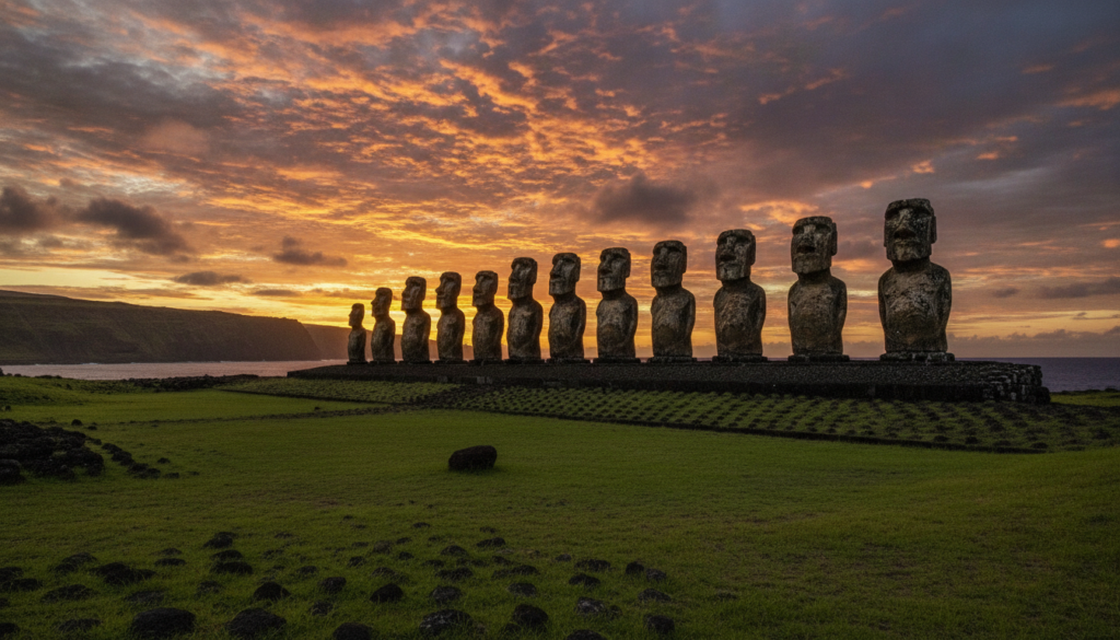 A majestic view of Ahu Tongariki on Rapa Nui, featuring a row of towering Moai statues standing proudly against a dramatic sunset sky. In the foreground, lush green grass gently sways in the breeze, enhancing the vibrant energy of the scene. In the middle ground, the Moai statues are intricately detailed, each with distinct facial features and weathered textures that reflect their ancient history. The background showcases the stunning silhouette of volcanic cliffs and the expansive ocean, casting a serene yet powerful atmosphere. Soft golden light bathes the scene, highlighting the majestic presence of the Moai. The composition captures a wide-angle perspective, giving a sense of grandeur and deep connection with the island's rich heritage and spiritual energy. A majestic view of Ahu Tongariki on Rapa Nui, featuring a row of towering Moai statues standing proudly against a dramatic sunset sky. In the foreground, lush green grass gently sways in the breeze, enhancing the vibrant energy of the scene. In the middle ground, the Moai statues are intricately detailed, each with distinct facial features and weathered textures that reflect their ancient history. The background showcases the stunning silhouette of volcanic cliffs and the expansive ocean, casting a serene yet powerful atmosphere. Soft golden light bathes the scene, highlighting the majestic presence of the Moai. The composition captures a wide-angle perspective, giving a sense of grandeur and deep connection with the island's rich heritage and spiritual energy.