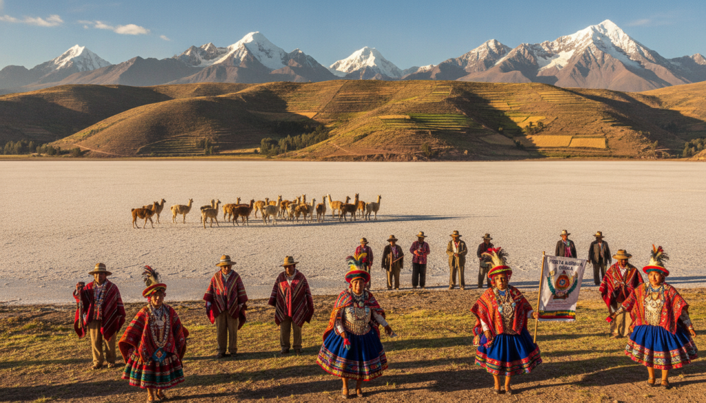 A panoramic view of the Andean Highlands in Bolivia, showcasing stunning snow-capped mountains and expansive salt flats glistening under the bright sun. In the foreground, depict traditional Bolivian cultural elements, such as colorful festivals with dancers in vibrant attire, showcasing intricate textiles and handmade accessories. The middle ground features local farmers tending to llamas and alpacas, highlighting their role in daily life. The background reveals expansive landscapes dotted with terraced agriculture, set against a clear blue sky. Utilize warm, natural lighting to create a vibrant atmosphere, capturing the spirit of the Andes and its cultural significance to Bolivia. The composition should have a slightly elevated angle, emphasizing the vastness of the region and its connection to the people. A panoramic view of the Andean Highlands in Bolivia, showcasing stunning snow-capped mountains and expansive salt flats glistening under the bright sun. In the foreground, depict traditional Bolivian cultural elements, such as colorful festivals with dancers in vibrant attire, showcasing intricate textiles and handmade accessories. The middle ground features local farmers tending to llamas and alpacas, highlighting their role in daily life. The background reveals expansive landscapes dotted with terraced agriculture, set against a clear blue sky. Utilize warm, natural lighting to create a vibrant atmosphere, capturing the spirit of the Andes and its cultural significance to Bolivia. The composition should have a slightly elevated angle, emphasizing the vastness of the region and its connection to the people.