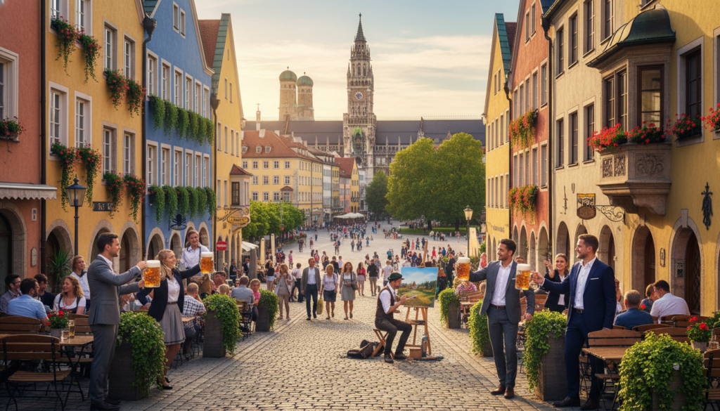A picturesque view of the charming neighborhoods in Munich, showcasing historic architecture and vibrant street life. In the foreground, a cobblestone street lined with traditional Bavarian buildings, their façades adorned with colorful flowers. Young professionals in smart casual attire sit outside a cozy beer garden, enjoying freshly poured beer. In the middle ground, people stroll leisurely, engaging in animated conversations, while an artist captures the scene on canvas. The background features the iconic Marienplatz clock tower and lush greenery, with warm sunlight illuminating the streets, creating a welcoming and festive atmosphere. The angle is slightly elevated, providing a panoramic view that captures the essence of Bavarian culture and history. The overall mood is inviting, lively, and rich with cultural traditions.