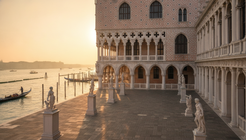 A stunning view of the Palazzo Ducale in Venice, showcasing its intricate Gothic architecture and opulent façade. In the foreground, a quiet courtyard features statues and sculptures that reflect the city’s rich political history, with subtle signs of Venetian life, like a gondola gliding by. The middle ground captures the majestic entryway with its large arched windows and ornate decorations, inviting viewers to explore the building's historical significance. The background reveals the shimmering waters of the Grand Canal under soft, golden hour lighting, creating a warm and inviting atmosphere. The scene is bathed in natural light, with a slight haze softening the edges, enhancing the mood of a serene but politically rich location, perfect for highlighting Venice's heritage. A stunning view of the Palazzo Ducale in Venice, showcasing its intricate Gothic architecture and opulent façade. In the foreground, a quiet courtyard features statues and sculptures that reflect the city’s rich political history, with subtle signs of Venetian life, like a gondola gliding by. The middle ground captures the majestic entryway with its large arched windows and ornate decorations, inviting viewers to explore the building's historical significance. The background reveals the shimmering waters of the Grand Canal under soft, golden hour lighting, creating a warm and inviting atmosphere. The scene is bathed in natural light, with a slight haze softening the edges, enhancing the mood of a serene but politically rich location, perfect for highlighting Venice's heritage.