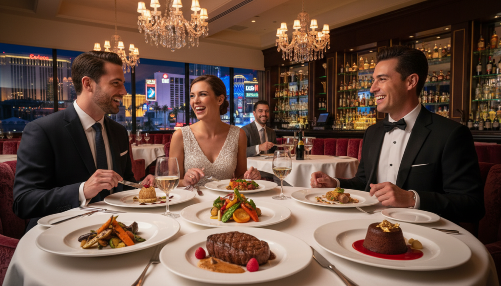 A vibrant and inviting culinary scene set in a luxurious Las Vegas restaurant. In the foreground, a beautifully arranged table with an array of gourmet dishes showcasing a fusion of flavors, including a succulent steak, colorful vegetables, and an exquisite dessert. In the middle, elegantly dressed diners enjoying their meals, wearing professional attire, engaged in lively conversation. The background features the opulent interior of the restaurant, with soft, warm lighting highlighting the elegant decor, crystal chandeliers, and a bar stocked with premium liquors. A large window shows a glimpse of the iconic Las Vegas Strip lit up at night, creating an energetic yet sophisticated atmosphere. The overall mood is one of excitement and indulgence, perfect for food lovers in one of the world's premier gastronomic destinations. A vibrant and inviting culinary scene set in a luxurious Las Vegas restaurant. In the foreground, a beautifully arranged table with an array of gourmet dishes showcasing a fusion of flavors, including a succulent steak, colorful vegetables, and an exquisite dessert. In the middle, elegantly dressed diners enjoying their meals, wearing professional attire, engaged in lively conversation. The background features the opulent interior of the restaurant, with soft, warm lighting highlighting the elegant decor, crystal chandeliers, and a bar stocked with premium liquors. A large window shows a glimpse of the iconic Las Vegas Strip lit up at night, creating an energetic yet sophisticated atmosphere. The overall mood is one of excitement and indulgence, perfect for food lovers in one of the world's premier gastronomic destinations.