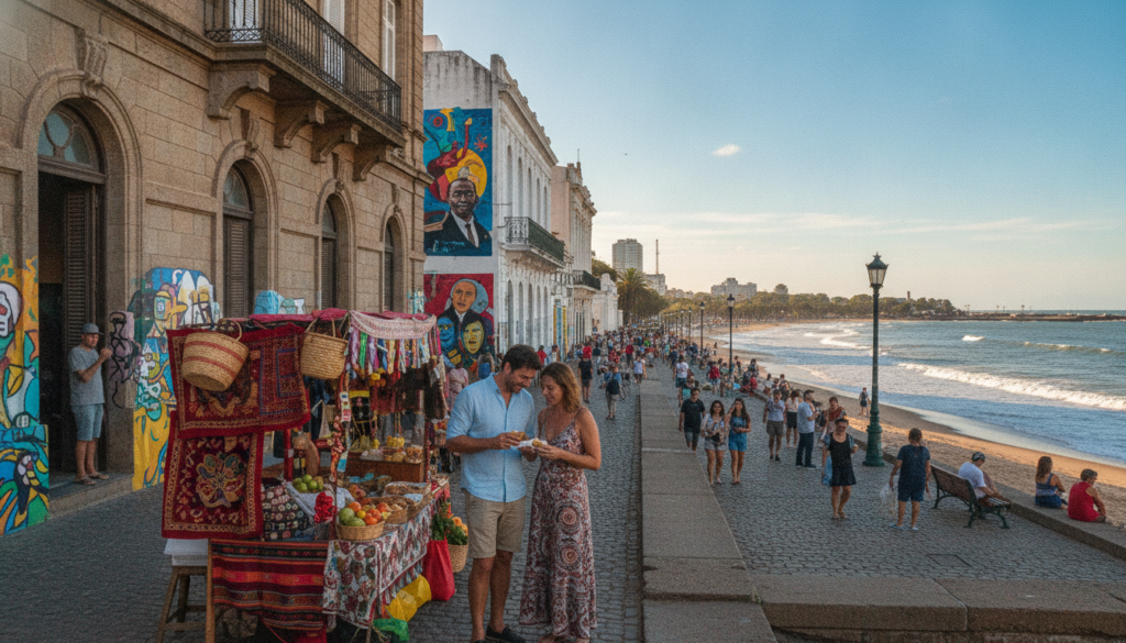 A vibrant cultural scene in Uruguay, showcasing iconic landmarks and historical architecture. In the foreground, a couple dressed in modest casual clothing enjoys Uruguayan street food at a colorful market stall. The middle ground features the elegant stone buildings of Montevideo, with colonial influences and lively street art on the walls. In the background, a stunning view of the Rambla by the sea, inviting gentle waves crashing against the shore under a clear blue sky. Soft, warm sunlight casts an inviting glow over the scene, enhancing the relaxed and welcoming atmosphere. The angle is slightly elevated, capturing both the details of the street life and the beauty of the coastal landscape, embodying the rich cultural and heritage tourism of Uruguay.