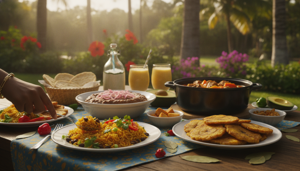 A vibrant display of authentic Dominican cuisine, featuring a colorful array of traditional dishes such as Mangu, Sancocho, and Tostones, arranged elegantly on a beautifully set table. In the foreground, a hand gracefully serves a rich plate of rice and beans, with vibrant vegetables and aromatic herbs accentuating the dish. The middle ground includes a variety of drinks like Morir Soñando and coconut water, adding refreshing hues. The background should subtly feature a lush tropical garden with palm trees and vibrant flowers, basking in warm sunlight. The scene is infused with a lively and inviting atmosphere, capturing the essence of Dominican flavors, shot with a soft focus lens to enhance the delicious details. Warm, natural lighting casts a golden glow, creating an appetizing ambiance.