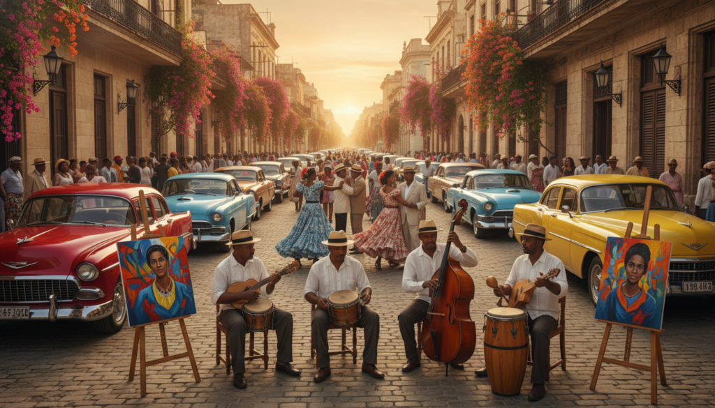 A vibrant street scene in 1950s Havana, showcasing the lively atmosphere of art and music. In the foreground, a group of local musicians in professional casual attire plays traditional Cuban instruments, surrounded by colorful paintings displayed on easels. In the middle ground, a bustling crowd of elegantly dressed locals and tourists are immersed in the music, some dancing, others admiring the art. Classic vintage cars from the 50s line the cobblestone street, adding to the nostalgic charm. The background features colonial architecture, adorned with vibrant bougainvillea flowers, while a setting sun casts a warm, golden light, enhancing the joyful mood. The composition captures the essence of cultural experiences in La Habana during this iconic decade. A vibrant street scene in 1950s Havana, showcasing the lively atmosphere of art and music. In the foreground, a group of local musicians in professional casual attire plays traditional Cuban instruments, surrounded by colorful paintings displayed on easels. In the middle ground, a bustling crowd of elegantly dressed locals and tourists are immersed in the music, some dancing, others admiring the art. Classic vintage cars from the 50s line the cobblestone street, adding to the nostalgic charm. The background features colonial architecture, adorned with vibrant bougainvillea flowers, while a setting sun casts a warm, golden light, enhancing the joyful mood. The composition captures the essence of cultural experiences in La Habana during this iconic decade.