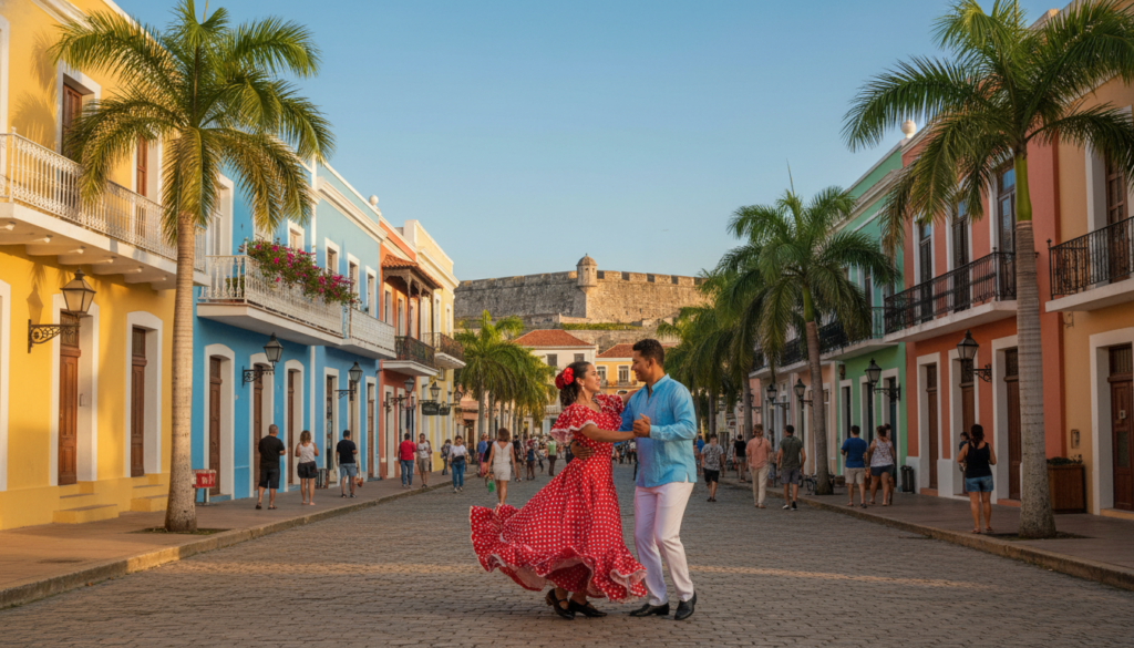 A vibrant street scene in San Juan, Puerto Rico, capturing the essence of its rich history and culture. In the foreground, a lively salsa dance couple, dressed in colorful, modest clothing, share a joyful moment. The middle ground features historic architecture, with colonial-style buildings adorned with bright hues and elegant balconies. Lush palm trees frame the scene, enhancing the Caribbean vibe. In the background, the iconic El Morro fortress stands against a clear blue sky, symbolizing the blending of the old and the modern. Soft, warm lighting casts a nostalgic glow, evoking an inviting and festive atmosphere. The angle is slightly elevated, showcasing both the dance and the surrounding beauty of San Juan. A vibrant street scene in San Juan, Puerto Rico, capturing the essence of its rich history and culture. In the foreground, a lively salsa dance couple, dressed in colorful, modest clothing, share a joyful moment. The middle ground features historic architecture, with colonial-style buildings adorned with bright hues and elegant balconies. Lush palm trees frame the scene, enhancing the Caribbean vibe. In the background, the iconic El Morro fortress stands against a clear blue sky, symbolizing the blending of the old and the modern. Soft, warm lighting casts a nostalgic glow, evoking an inviting and festive atmosphere. The angle is slightly elevated, showcasing both the dance and the surrounding beauty of San Juan.