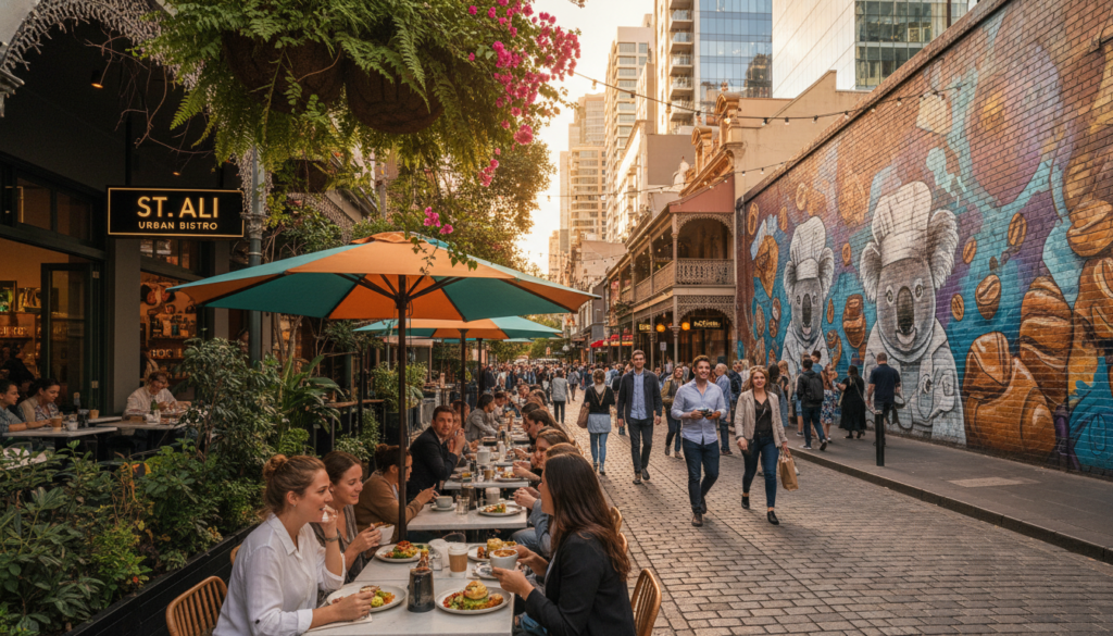 A vibrant street scene showcasing the best restaurants and cafes in Melbourne. In the foreground, a stylish cafe with outdoor seating, featuring patrons enjoying artisan coffee and gourmet meals. Tables adorned with colorful dishes, lush greenery, and vibrant umbrellas create an inviting atmosphere. The middle layer displays unique street art murals on brick walls, capturing Melbourne’s famed urban art culture. In the background, modern buildings juxtapose with historical architecture, reflecting the city’s eclectic aesthetic. The lighting is warm and inviting, with soft golden hour sunlight casting gentle shadows. The scene is lively, filled with people in smart casual attire, exuding a relaxed yet sophisticated vibe, perfect for a culinary adventure in Melbourne.