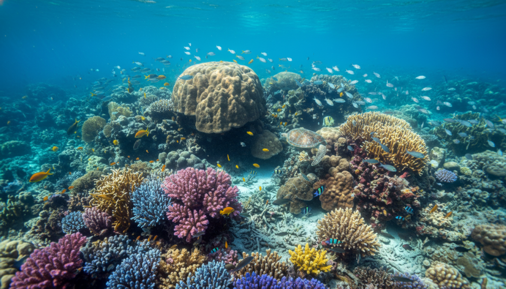 Vibrant coral reefs in Fiji teeming with colorful marine life, including schools of fish and intricate coral formations. In the foreground, clusters of vividly colored corals in shades of blue, pink, and yellow create a stunning visual, while small fish dart in and around them. The middle ground features larger coral structures, providing a habitat for more diverse sea creatures, and the sunlight filters through the crystal-clear water, casting a warm glow. In the background, a serene underwater landscape gradually fades into deeper blue hues, suggesting tranquility. The scene should be captured from a slightly elevated angle, giving a broad perspective of the reef's beauty. The mood is peaceful and awe-inspiring, highlighting the natural wonders of Fiji’s underwater world. Vibrant coral reefs in Fiji teeming with colorful marine life, including schools of fish and intricate coral formations. In the foreground, clusters of vividly colored corals in shades of blue, pink, and yellow create a stunning visual, while small fish dart in and around them. The middle ground features larger coral structures, providing a habitat for more diverse sea creatures, and the sunlight filters through the crystal-clear water, casting a warm glow. In the background, a serene underwater landscape gradually fades into deeper blue hues, suggesting tranquility. The scene should be captured from a slightly elevated angle, giving a broad perspective of the reef's beauty. The mood is peaceful and awe-inspiring, highlighting the natural wonders of Fiji’s underwater world.